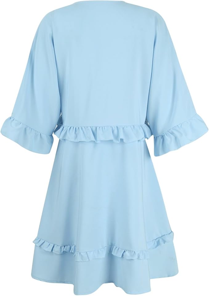 Womens 2024 Summer V-Neck Ruffle Loose Short Sleeve Mini Dress A Line Swing Mini Beach Vacation Sundress
