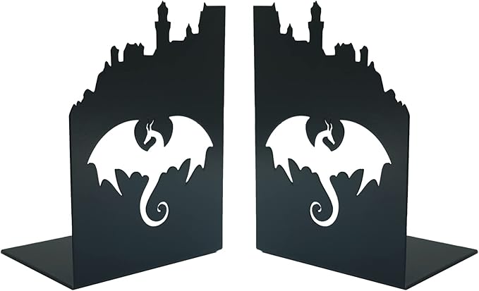 1 Pair 2pcs Heavy Metal Black Book Ends to Hold Books, Book Ends for Home Decorative (Dragon)
