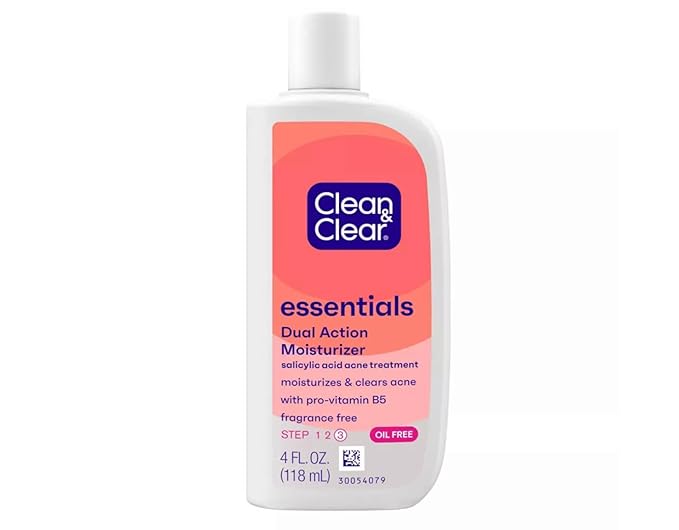 Clean  Clear Essentials Dual Action Facial Moisturizer with Salicylic Acid Acne Medication to Treat Acne and Prevent Pimples, Oil Free Face Moisturizer Cream for Acne-Prone Skin, 4 oz