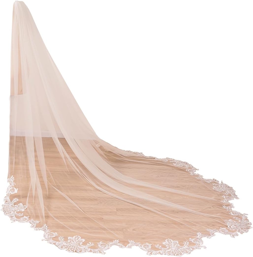 EllieWely 1 T Cathedral Length Floral Lace Appliques Wedding Bridal Veil F11