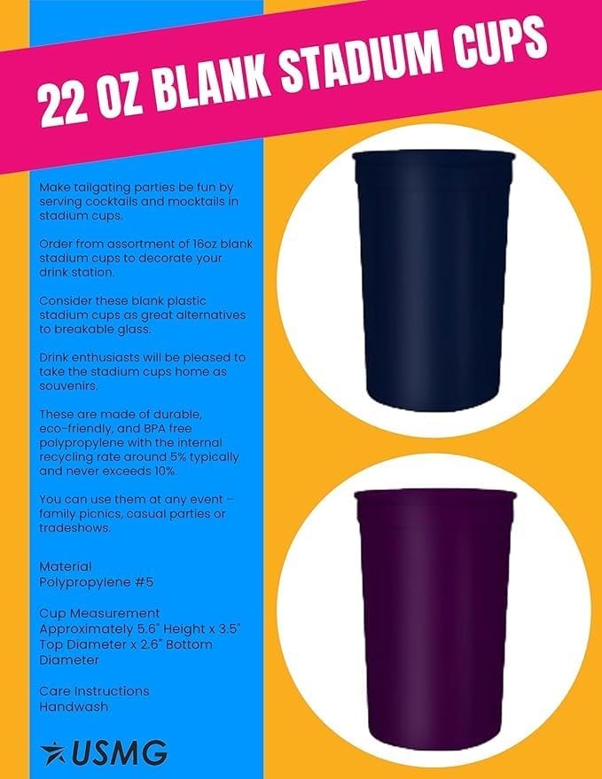 USMG Stadium Cups 22oz Blank (Blue, QTY 12)