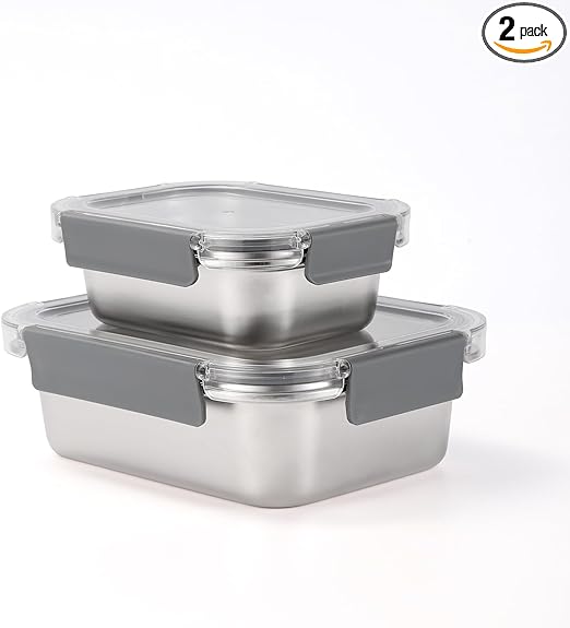 Set of 2 stainless steel food containers with lids, Airtight kimchi containers, Leakproof meal prep bento box, Dishwasher/Oven/Freezer safe