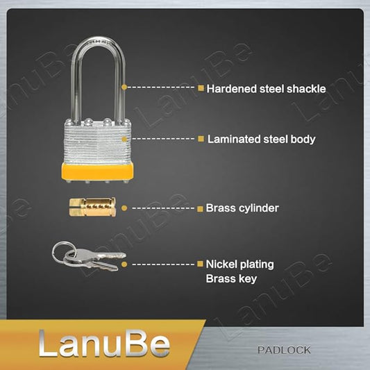 Lock Laminated keyed Padlock (1-916", 40mm), keyed Alike Locks, Long Shackle,Marked Yellow Plastic Hoop, Pack of 2