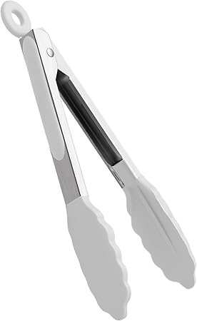 9 Inch Kitchen Tongs, Cooking Tongs with Silicone Tips and Stainless Steel Handle, Non Stick Heat Resistant Tongs for Cooking, Buffet, Salad Serving (9", White)