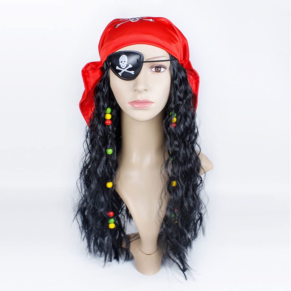 Adult Pirate Wig With Dreadlocks Patch Scarf Bandana Medieval Renaissance Halloween Costume Buccaneer Captain Dress Up Set (Red)