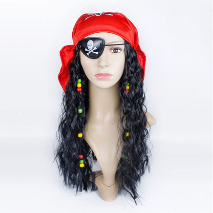 Adult Pirate Wig With Dreadlocks Patch Scarf Bandana Medieval Renaissance Halloween Costume Buccaneer Captain Dress Up Set (Red)