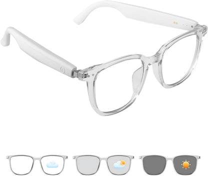 Smart Glasses for Women Men, Bluetooth Glasses with Photochromic Lenses, Touch Control Voice Assistant for Clear Audio, Transparent Frame and White Legs, Wearable Tech Glasses for Working