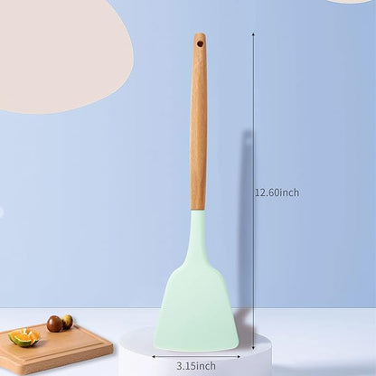 Silicone Solid Spatula with Wooden Handle, Heat Resistant and Non Stick Cooking Utensil, Kitchen Turner for Frying, Baking, Flipping, Mixing, Serving, Draining, Stirring (light green)