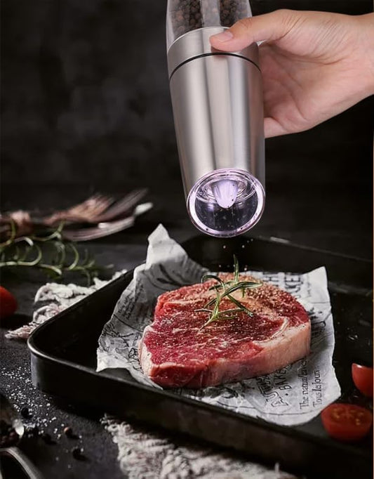 Electric Salt and Pepper Grinder - Rechargeable Pepper Grinder, Pepper Mill Grinder with Blue Light and Stand (Black)