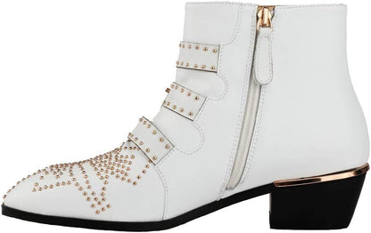Size 8-8.5 Arqa Women's Studded Ankle Boots Leather Multiple Buckle Chunky Heel Booties Almond Toe Zipper Punk Boot