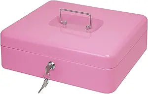 Steel Cash Box with Key Lock, Metal Small Money Organizer with Money Tray,Cash Storage Box with Lockable Cover (Pink - 11.8" x 9.4" x 3.5")