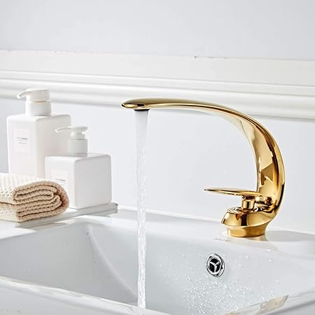 Bathroom Sink Tap, Single Hole Single Handle Bath Mixer Tap Contemporary Brass Deck Mount Bathroom Vessel Sink Faucet, for Bathroom Hotel,Gold