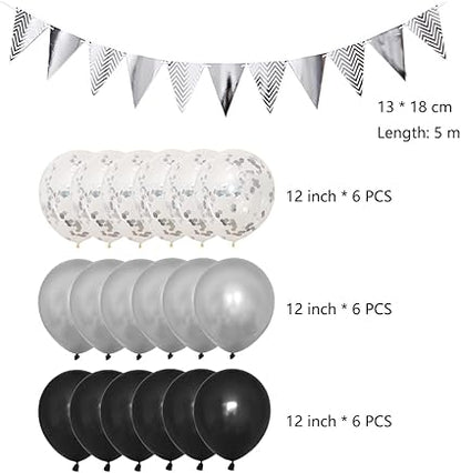 19th Birthday Party Decorations Set for Girl Boy Women Men Black HAPPY BIRTHDAY Letter Banner Silver Sparkly Glitter Traingle Banner Confetti Latex Balloons with Black Giant Number 19 Balloon