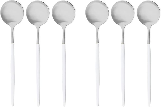 Gugrida White Silver Dessert Spoon Set,6 Pcs 7.08" Tablespoons,Premium Food Grade Stainless Steel Spoons,Durable Metal Spoons,Tablespoon,Silverware Spoons Only,Matte Finish Use for Home,Restaurant