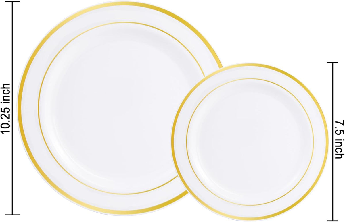 Gold Plastic Plates, MCIRCO 50 Pieces Disposable Party Plates for Weddings, Premium Gold Rim Plates, Include 25 10.25 Inch Dinner Plates and 25 - 7.5 Inch Dessert Appetizer Plates
