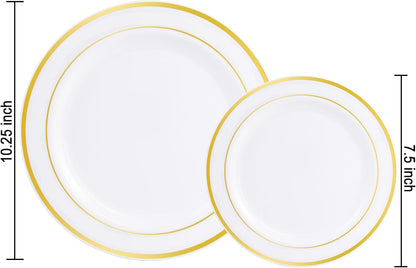 Gold Plastic Plates, MCIRCO 50 Pieces Disposable Party Plates for Weddings, Premium Gold Rim Plates, Include 25 10.25 Inch Dinner Plates and 25 - 7.5 Inch Dessert Appetizer Plates
