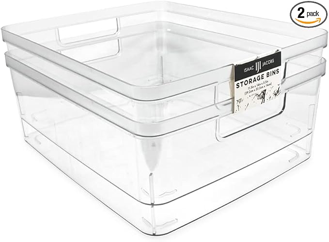 Isaac Jacobs 2-Pack Large Clear Storage Bins (11.5 L x 14 W x 5.5 H) wCutout Handles, Plastic Organizer for Home, Office, Kitchen, FridgeFreezer, Bathroom, BPA Free, Food Safe (Large)