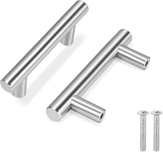 Flexzion 1 Pack Kitchen Cabinet Handles Silver Drawer Pulls 4 inch, 2.5 inch Hole Center, Stainless Steel T Bar with Satin Brushed Nickel, Hardware for Kitchen Cupboard Door Bathroom Furniture