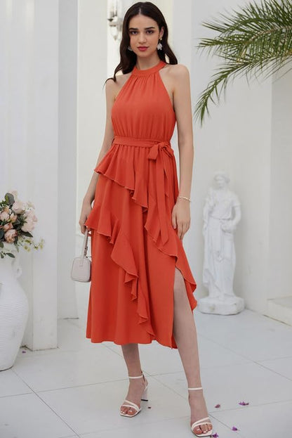 GRACE KARIN Women's 2024 Summer Sleeveless Halter Neck Ruffle Hem Split Flowy Swing Long Midi Dress with Belt
