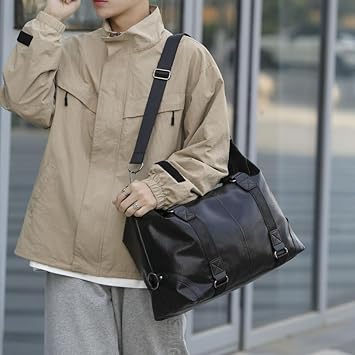 Travel Bag for Men PU Leather Shoulder Bag Stylish Handbag Gym Bag with Adjustable Shoulder Strap (Black)