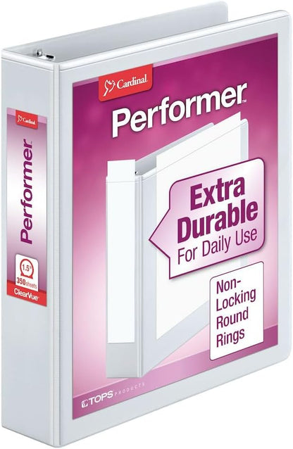 Cardinal Binder Performer with ClearVue Covers, 1.5" Round Rings, 350-Sheet Capacity, White