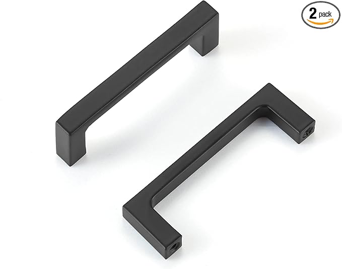 Matte Black Kitchen Cabinet Pull, 2 Pack 3 Inch(76MM) Hole Center, Modern Square Flat Hardware Handle and Knob for Cabinet Door Drawer Cupboard Wardrobe Bathroom Furniture Dresser