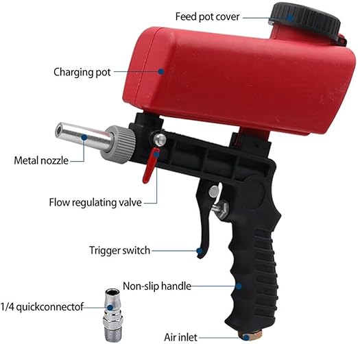90psi Gravity Feed Sand Blaster Gun Kit - Hand Held Sand Blasting Spray Gun with 2 Nozzle Tips and Air Regulator Remove Paint, Rust, Stains, and Grime on Surfaces