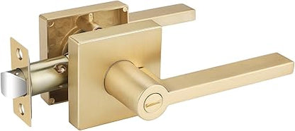 EHOMEWARE 1 Pack Gold Door Handles, Heavy Duty Door Knobs Interior for Bedroom Bathroom, Zinc Alloy Privacy Door Levers Door Handle with Lock, Satin Brass Modern Door Hardware  Locks