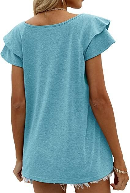 Womens Summer Tops Ruffle Short Sleeve V Neck Casual Tshirts Flounce Sleeve Tees