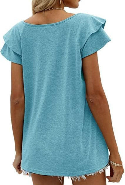Womens Summer Tops Ruffle Short Sleeve V Neck Casual Tshirts Flounce Sleeve Tees