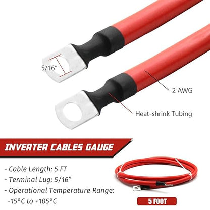 2 AWG Battery Cable 2AWG Gauge Pure Copper Battery Inverter Cables with 516 in Lugs Both Ends Power Inverter Wire Set for Automotive Solar Marine Boat RV Car Motorcycle Red and Black (5FT)
