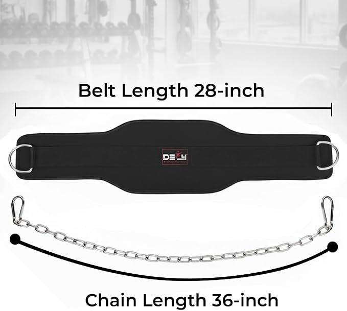 DEFY Dip Belt for Weight Lifting with 36" Steel Chain - 370 lbs weightlifting capacity - Neoprene Gym powerlifting belt for powerlifting & strength training for men & women