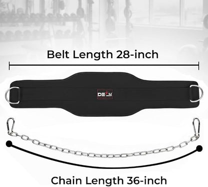 DEFY Dip Belt for Weight Lifting with 36" Steel Chain - 370 lbs weightlifting capacity - Neoprene Gym powerlifting belt for powerlifting & strength training for men & women