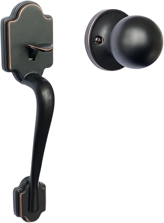 SCYAN Front Door Entry Handleset with Knob, H4 Single Latch Exterior Door Entry Handle with Door Knob, Entry Door Lock Handle Set Non Handed for Left and Right Handed Doors (Aged Bronze)