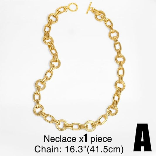 Gold Plated Copper Chunky Textured Link Chain Necklace for Women, Front Toggle Clasp Choker