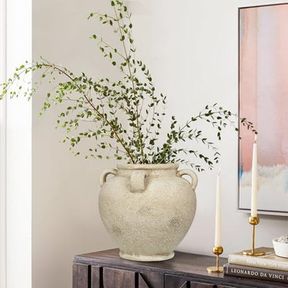 Rustic Ceramic Vase with Handles Antique-Style Beige Farmhouse Pottery Decorative Urn for Table Centerpiece, Mantel, Shelf, or Entryway Home Décor