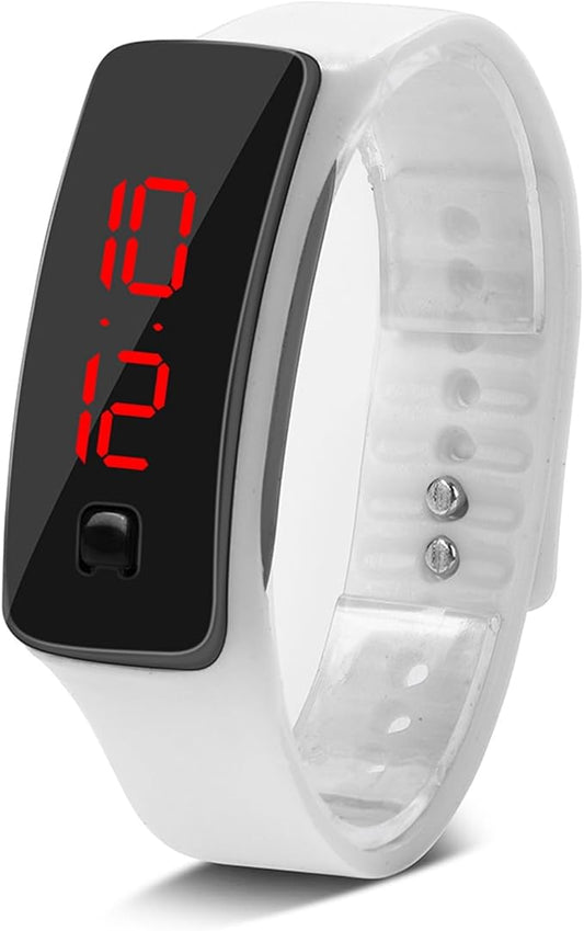 LED Digital Watch, Silicone Strap Digital Display Sports Watch with LED Light 12-Hour Dial Electronic Display for Sport, Night Running, Step Counter (White)