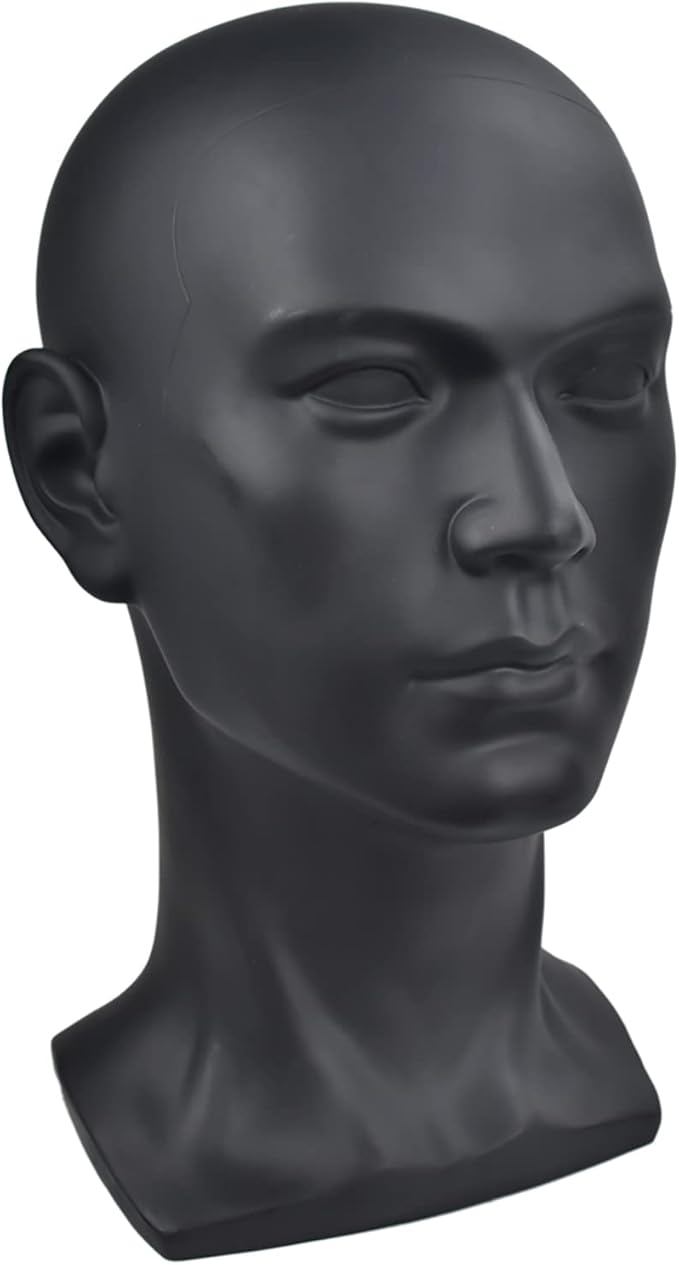 PVC Mannequin Head Black Male Manikin Dummy Stand Model Display Hat Scarf Wigs Hair Glasses Hat Beauty Styling Tool (Matte black)