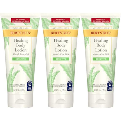 Burt's Bees Ultimate Care Healing Body Lotion with Aloe and Rice Milk for Sensitive Skin, 98.8% Natural Origin, 6 Ounces (2 Pack)
