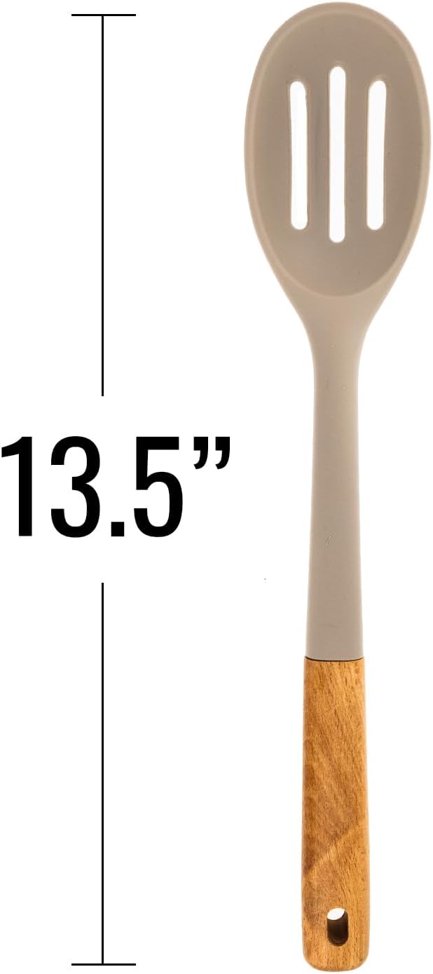 Beille 1pc Beech Wood and Slotted Silicone Cooking Spoon Kitchen Utensils Baking Supplies Home Essentials, Beige