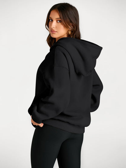 XS, Oversized fleece hoodie, soft and comfortable, perfect for fall in sleek black.