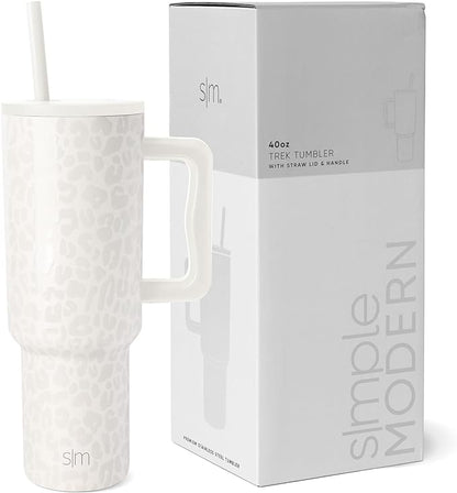 Simple Modern 40 oz Trek Tumbler with Handle and Straw Lid  Cup Holder Friendly Insulated Stainless Steel Travel Mug  Cream Leopard