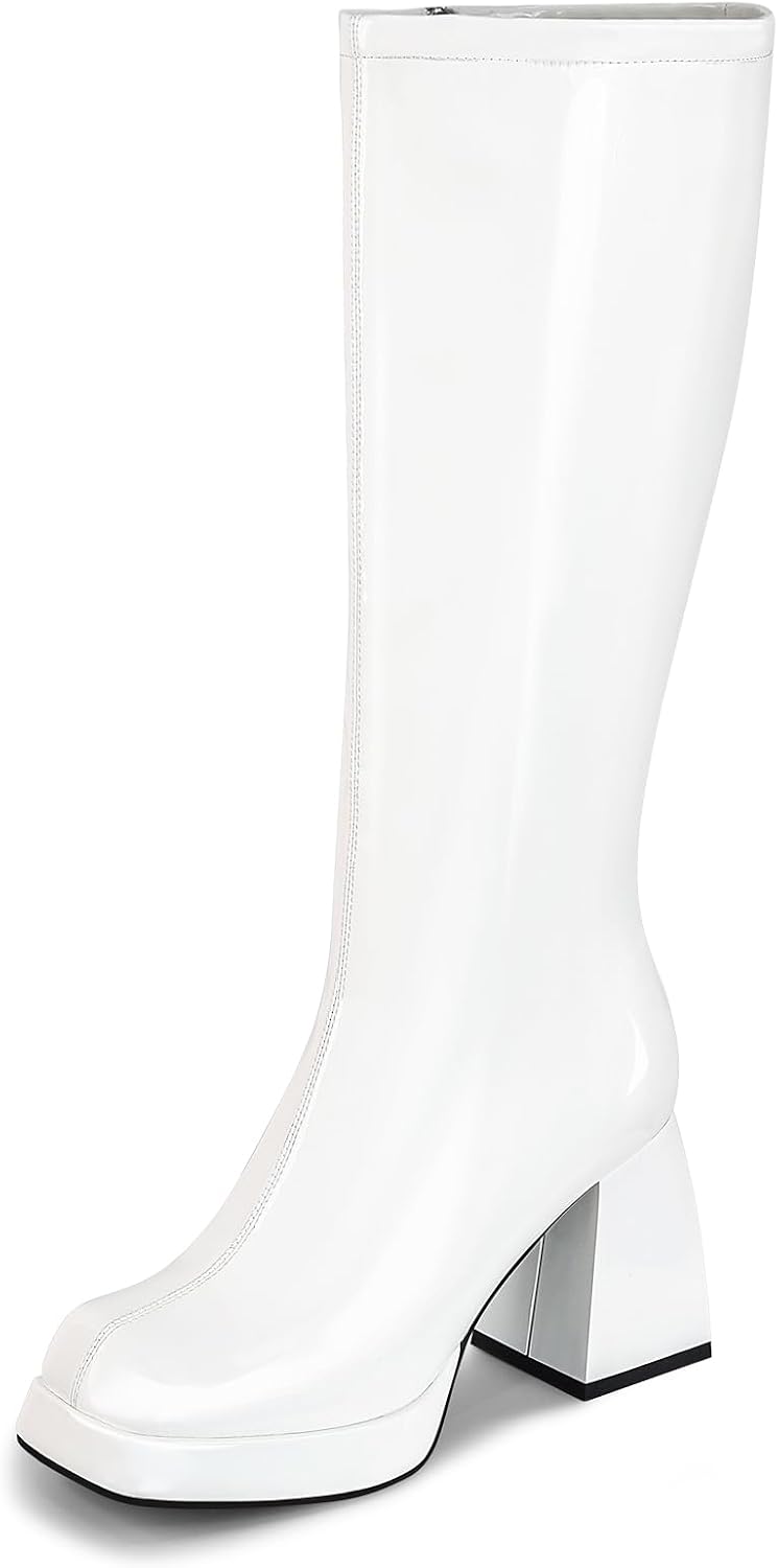 Boots Platform Boots for Women Fashion Square Toe Chunky Block Heeled Boots Side Zip