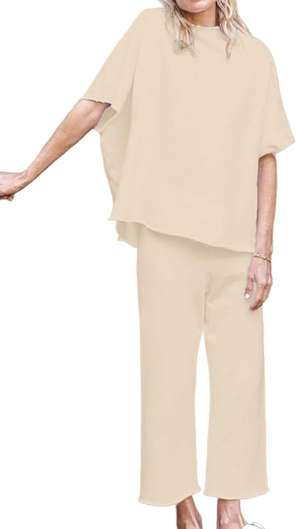Feager Sweatsuit Sets Women 2 Piece Lounge Sets Short Sleeve Pullover Tops Wide Leg Pants