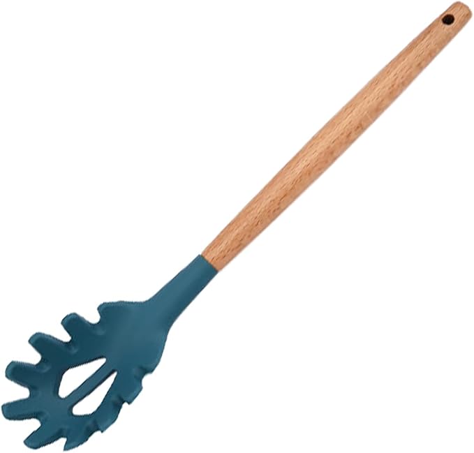 1pc Blue Pasta Spoons Silicone Pasta Server with Teeth, Wooden Handle Pasta Fork Kitchen Utensils, Heat Resistant for Pasta Noodle Spaghetti Strainer