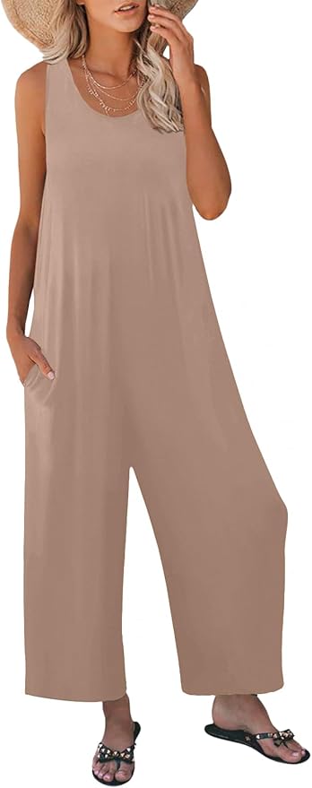 Women's Summer Casual Loose Tank Jumpsuit Sleeveless Crewneck Long Pants Jumpsuit Romper with Pockets