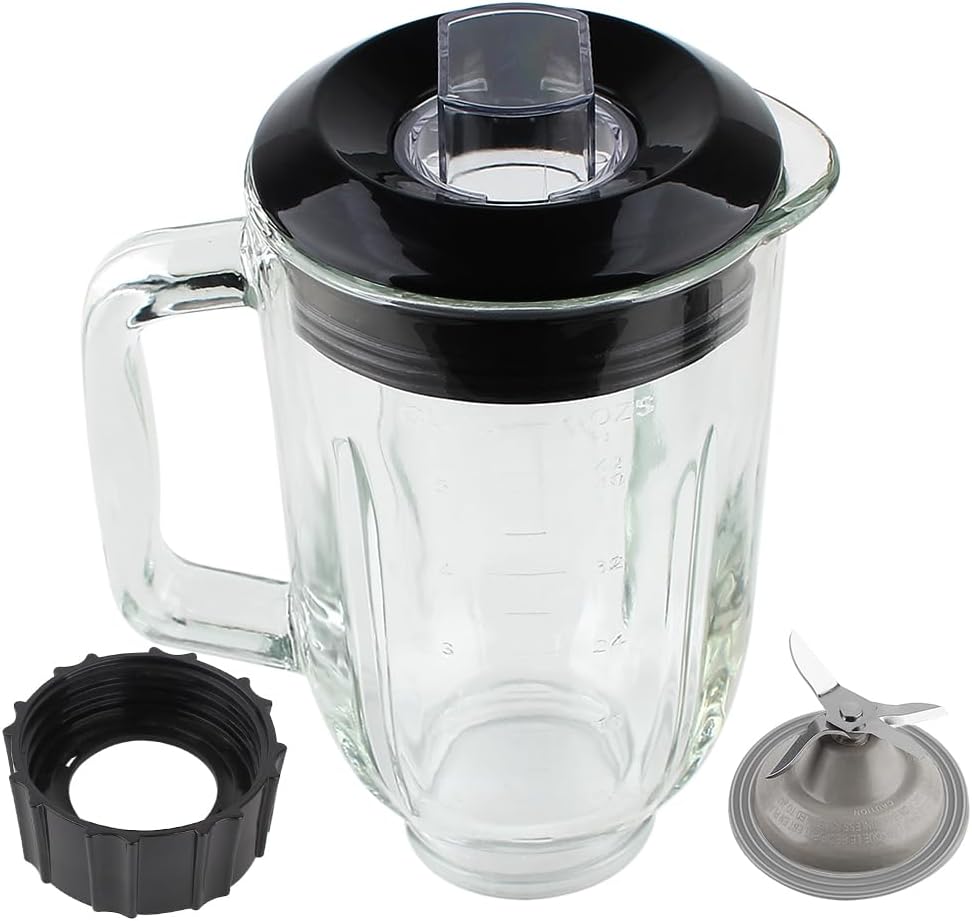Replacement Parts 5-Cup Glass Jar with Base Collar Ring and Blade,Compatible with BLACK&DECKER 10-Speed Blender BL2010BP/BL2020