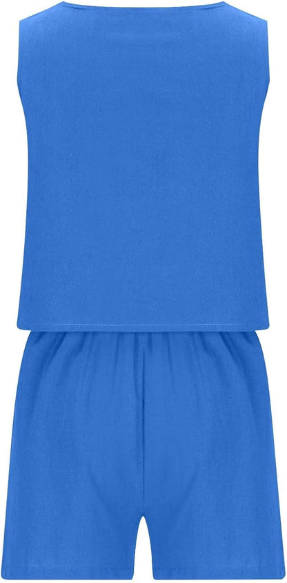 Womens 2 Piece Outfits Summer Linen Lounge Sets Loose Sleeveless Square Neck Tank Crop Tops and Wide Leg Shorts Set