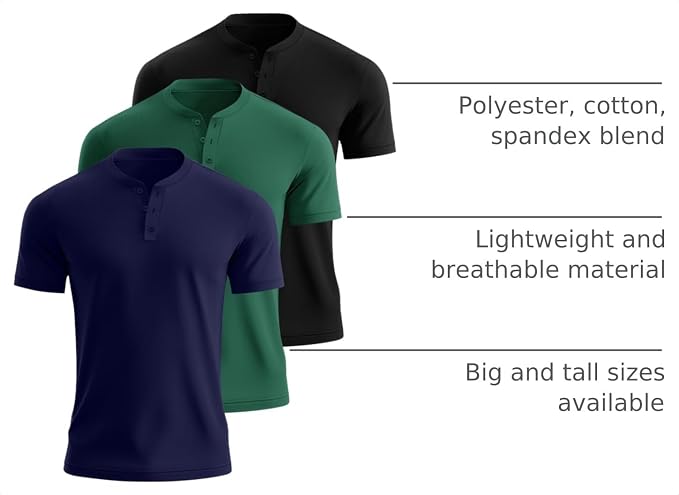 Ficerd 1 piece Men's Big and Tall Henley T-Shirts Short Sleeve Plus Size Tee Loose Casual Shirts Basic Oversized Tops