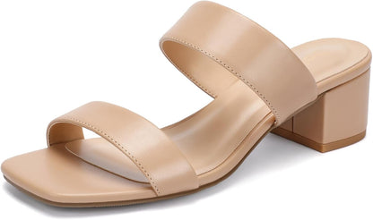 Women's Heeled Sandals Two Strap Square Open Toe Heels 2-Inch Chunky Sandals Dress Shoes Wide Feet Friendly